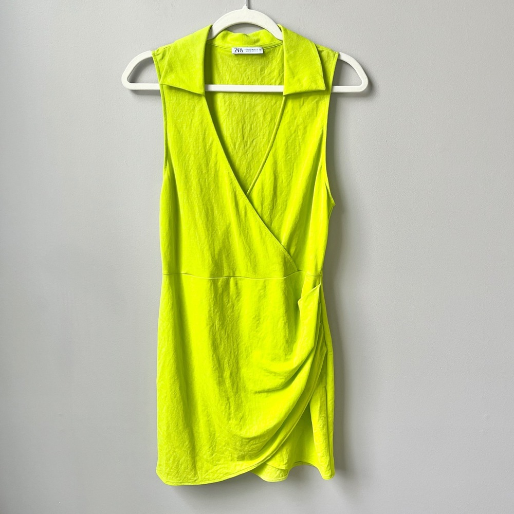 Zara Neon Yellow Sleeveless Wrap Mini Dress